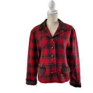 Liz Sport Red Black Plaid 5-Button Wool Blazer Sz 14P Brown Contrast Jacket EUC